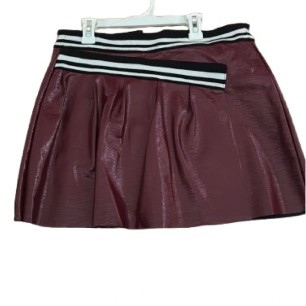 BCBG Burgundy Faux Leather Mini Skirt with Black and White Striped waist band